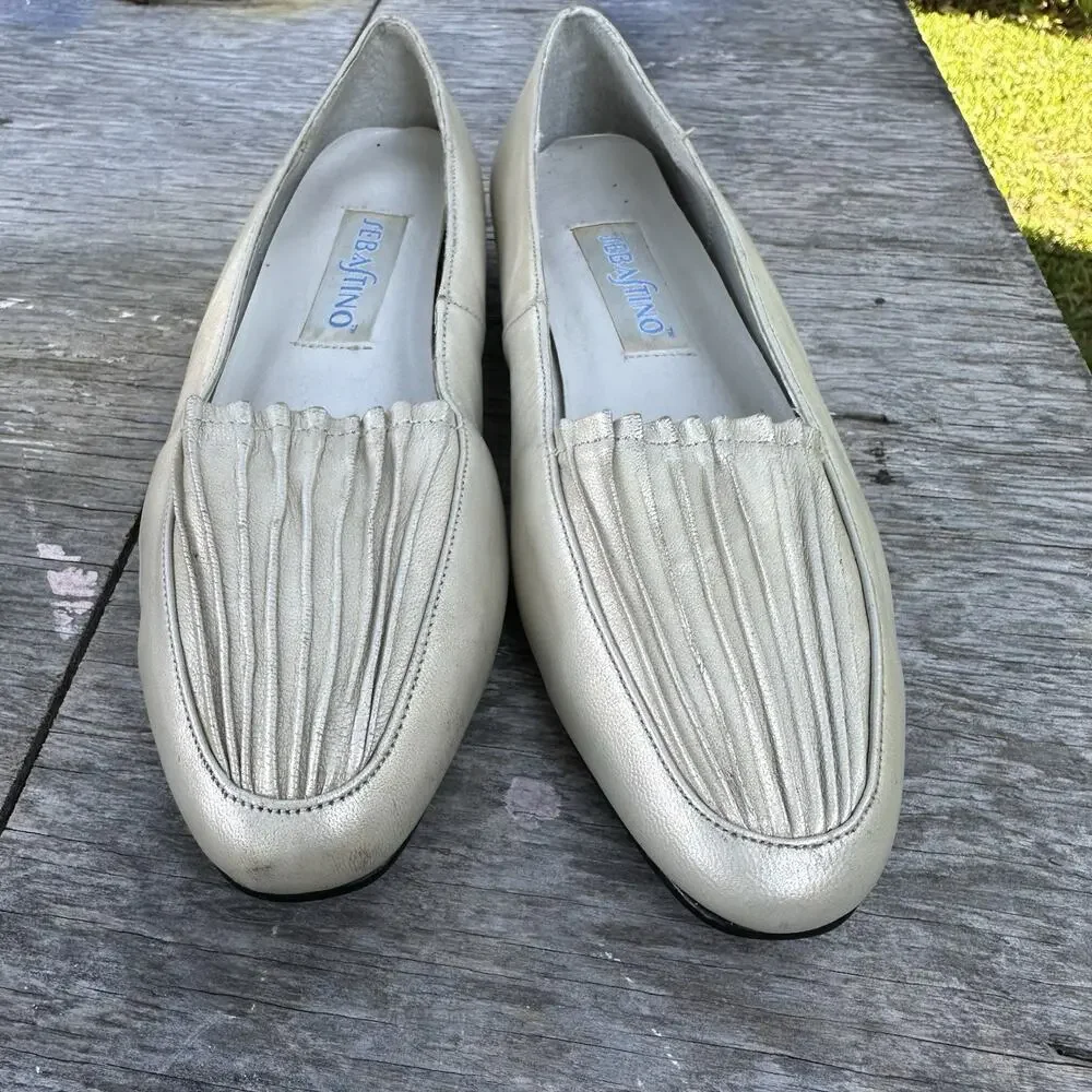 Vintage Sebastino White Faux Metallic Silver Gold Slip On Flats Women’s 8M 925
